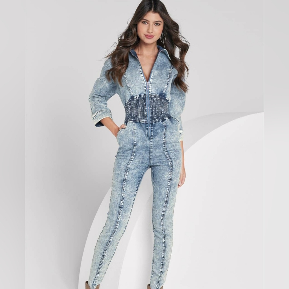 Acid Wash Smocked Jumpsuit